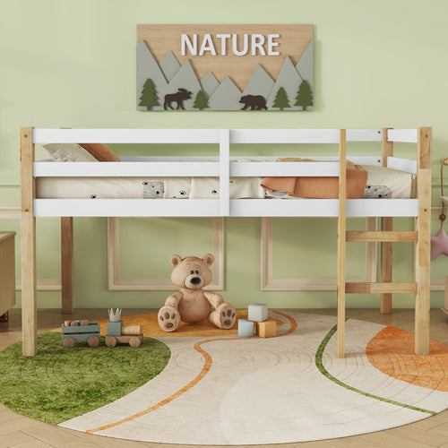 Twin Loft Bed with Ladder, Wood Slat Platform, Natural White