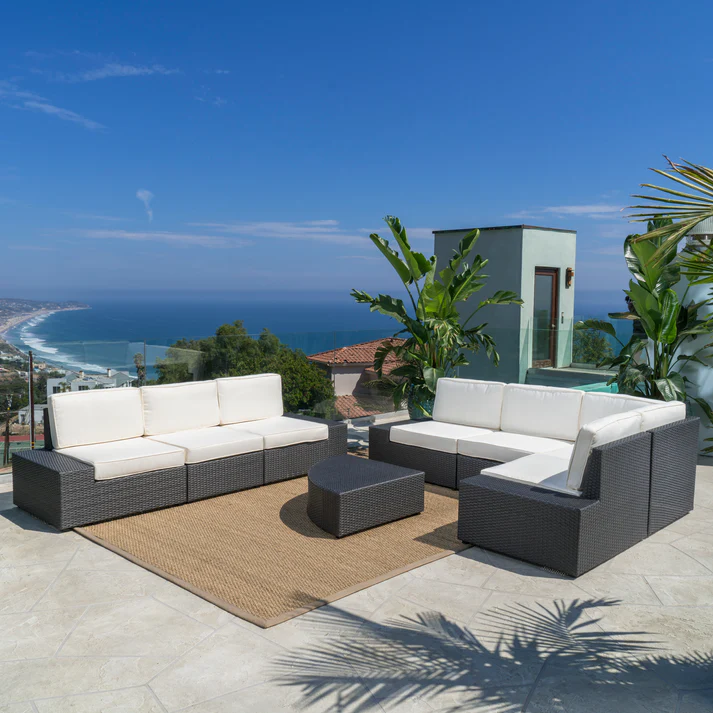 Outdoor Sectional Set PE Rattan Iron Dark Brown 8 Piece