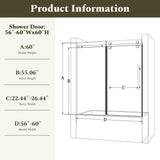 56-60"W x 60"H Frameless Sliding Tub Shower Door Enclosure