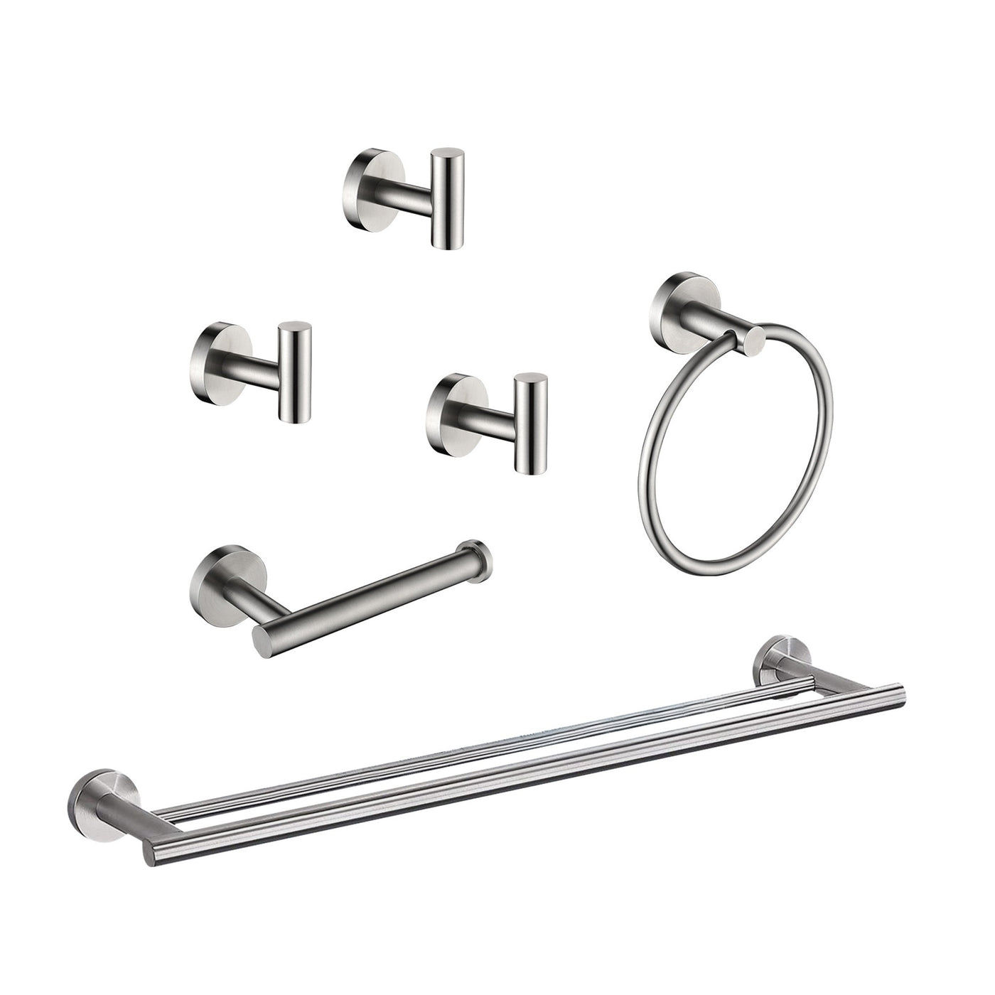 6-Piece Bathroom Hardware Set - Towel Bar, Ring, Hooks, Paper Holder