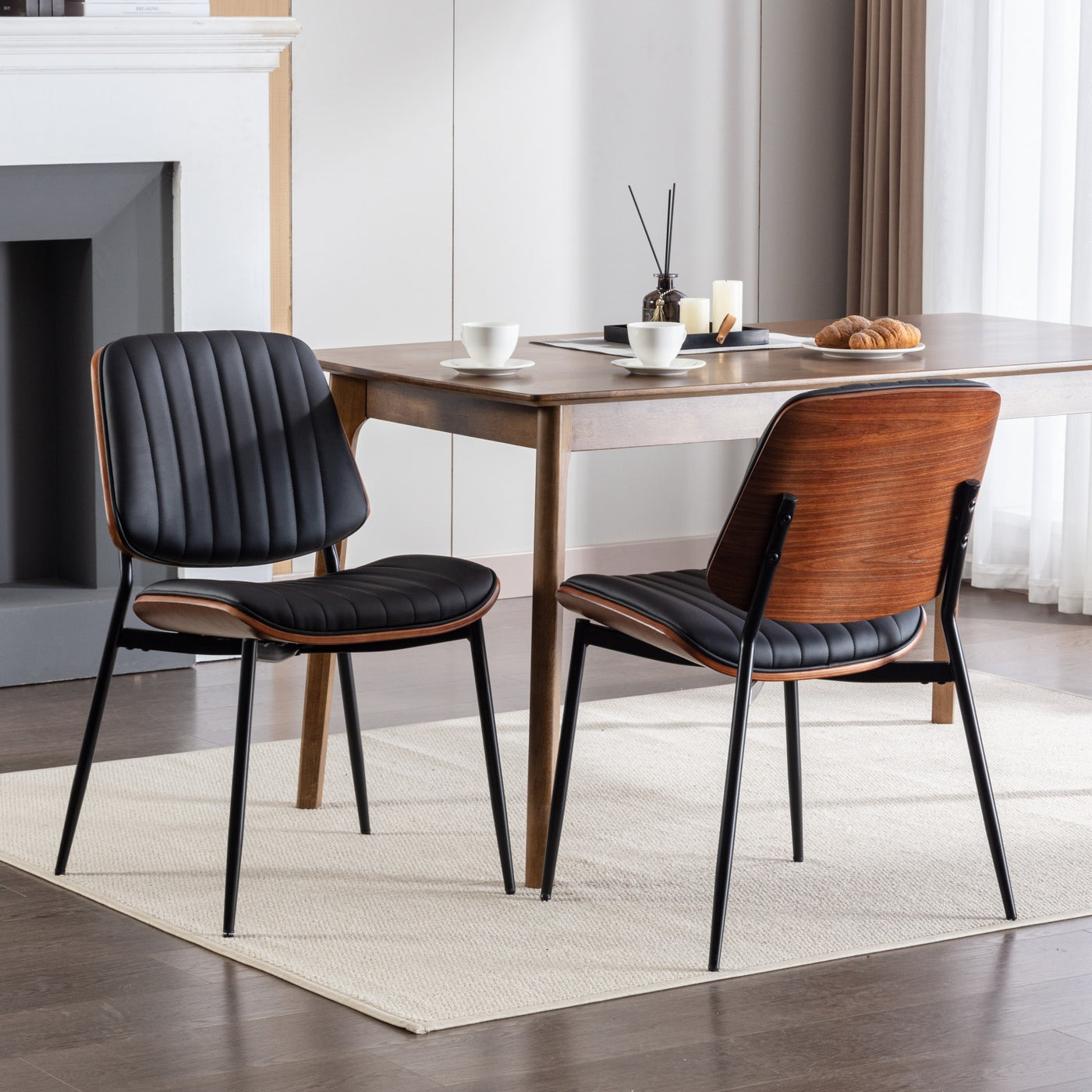 Dining Chairs Set of 2 Mid Century Modern Retro Faux Leather Chair with Walnut