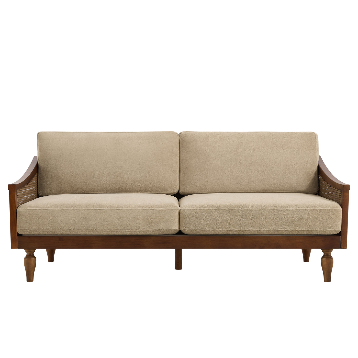 Mid-Century 3-Seater Sofa, Light Brown Chenille, Rattan Armrests