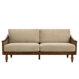 Mid-Century 3-Seater Sofa, Light Brown Chenille, Rattan Armrests