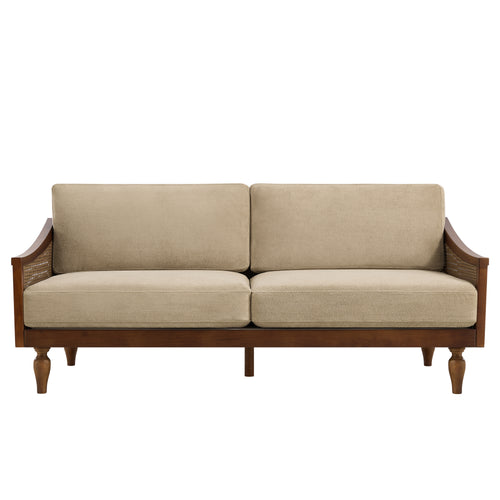 Mid-Century 3-Seater Sofa, Light Brown Chenille, Rattan Armrests