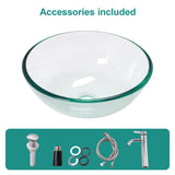 Artistic Tempered Glass Vessel Sink with Chrome Faucet and Pop-up Drain, Clear,