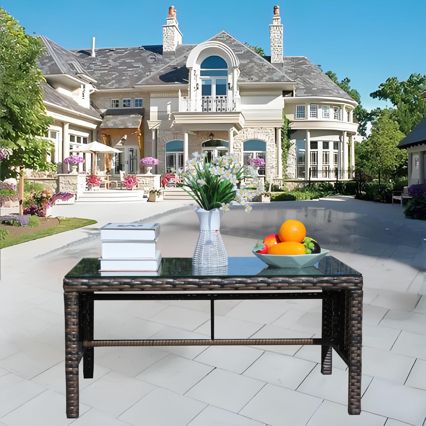 Outdoor Patio Coffee Table with Clear Tempered Glass