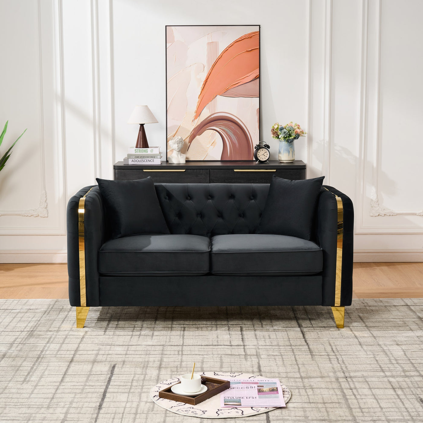 61" Velvet Button Tufted Chesterfield Loveseat with Gold Legs