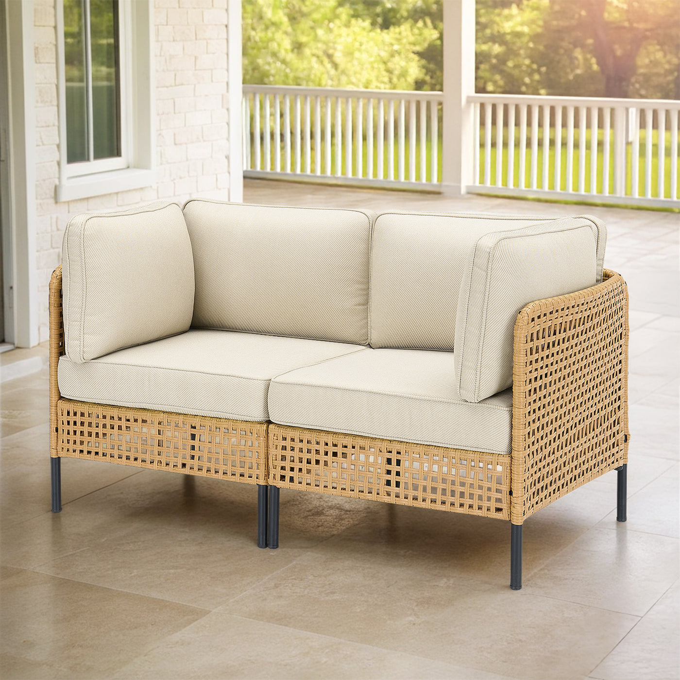 Outdoor Sectional Set Wicker Boho Beige Cushion Modular