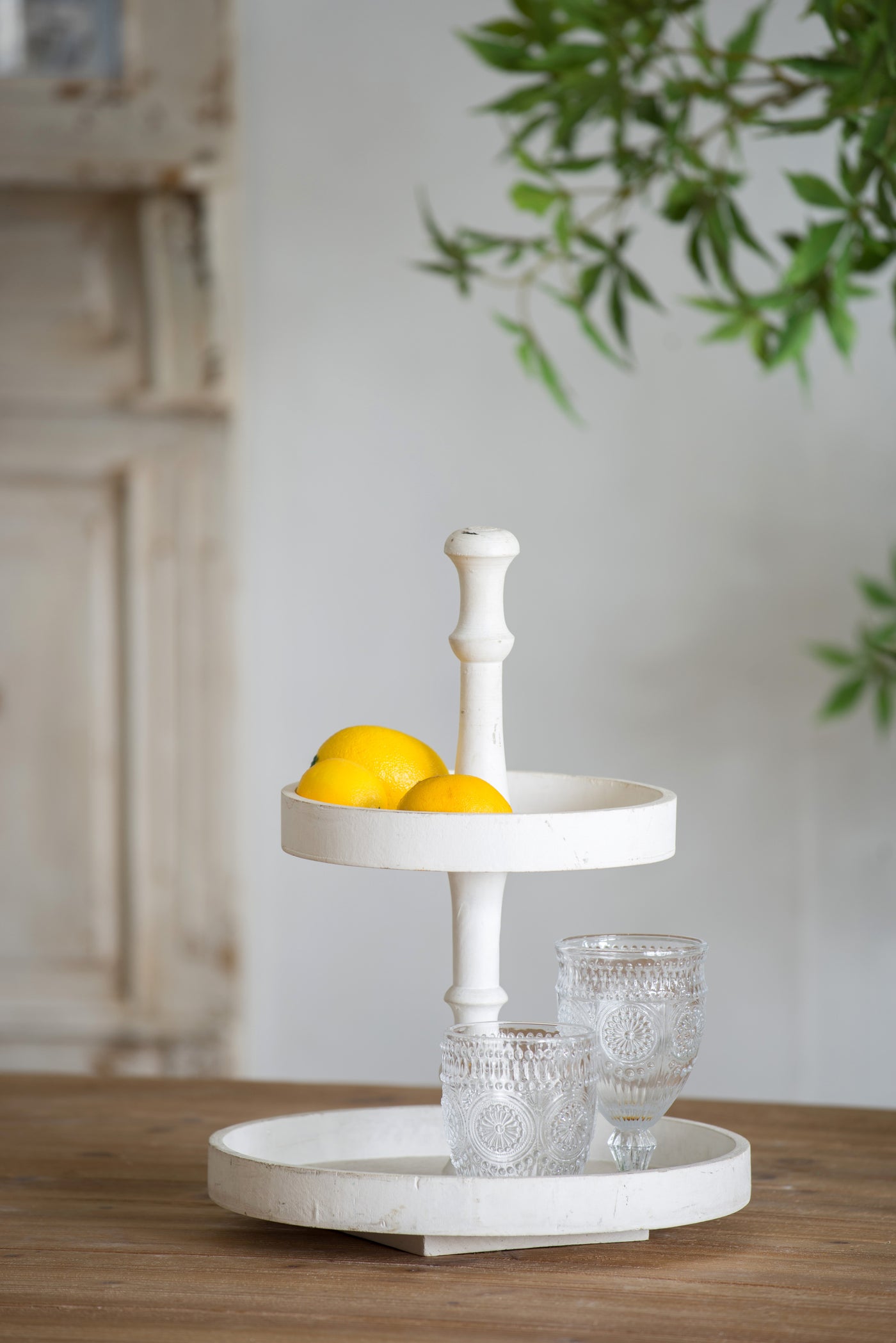 Two-Tiered Round Wooden Side Table, White 11.8x15.4