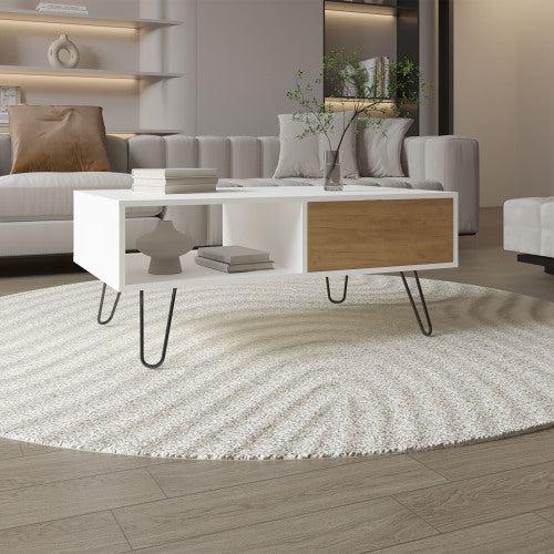 Coffee Table - Rectangular - Metal Legs - White and Natural Oak