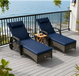 Chaise Lounge PE Rattan Dark Blue 5-Position Wheels Set of 2 76in