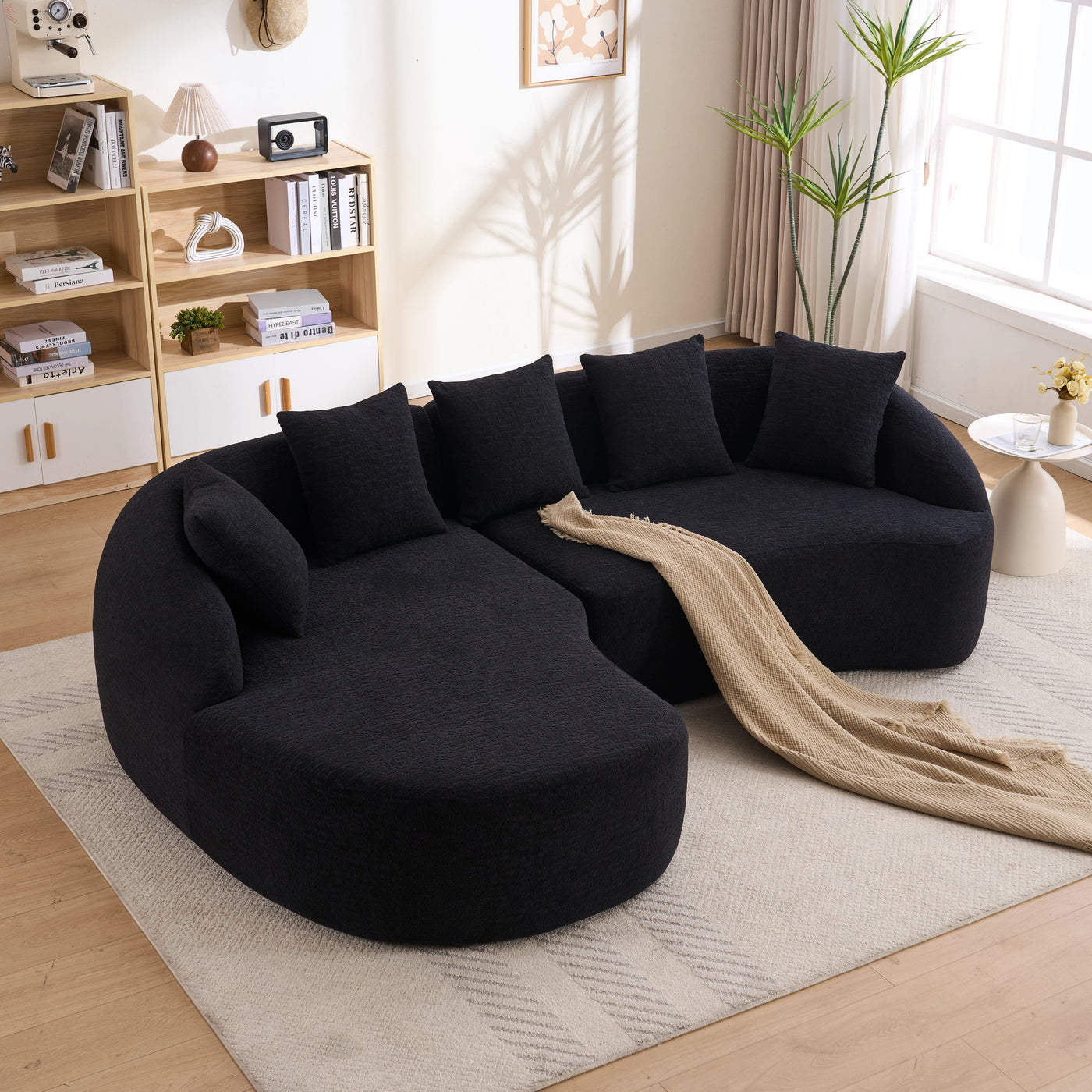 Sectional Sofa L-Shape Curved Chaise Chenille Black 5 Seat 106 In