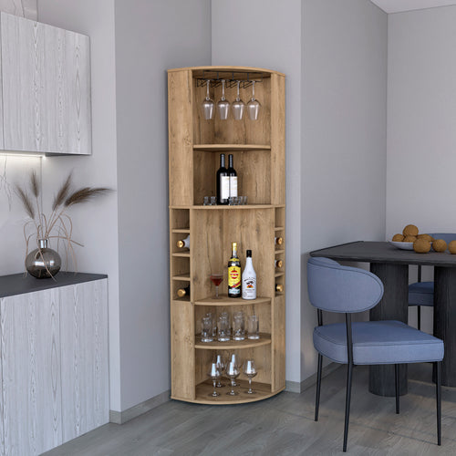 Corner Bar Cabinet 71"H with Five Shelves, Eight Bottle Cubbies and Stemware