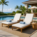 Outdoor Lounge Chair Acacia Wood Rattan Beige Cushion 4 Position