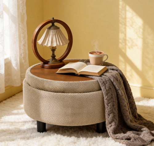 25 Inch Round Storage Ottoman with Wooden Top Side Table, Camel Fabric