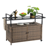 Outdoor Wicker Bar Cart, Patio Wine Serving Cart w/Wheels