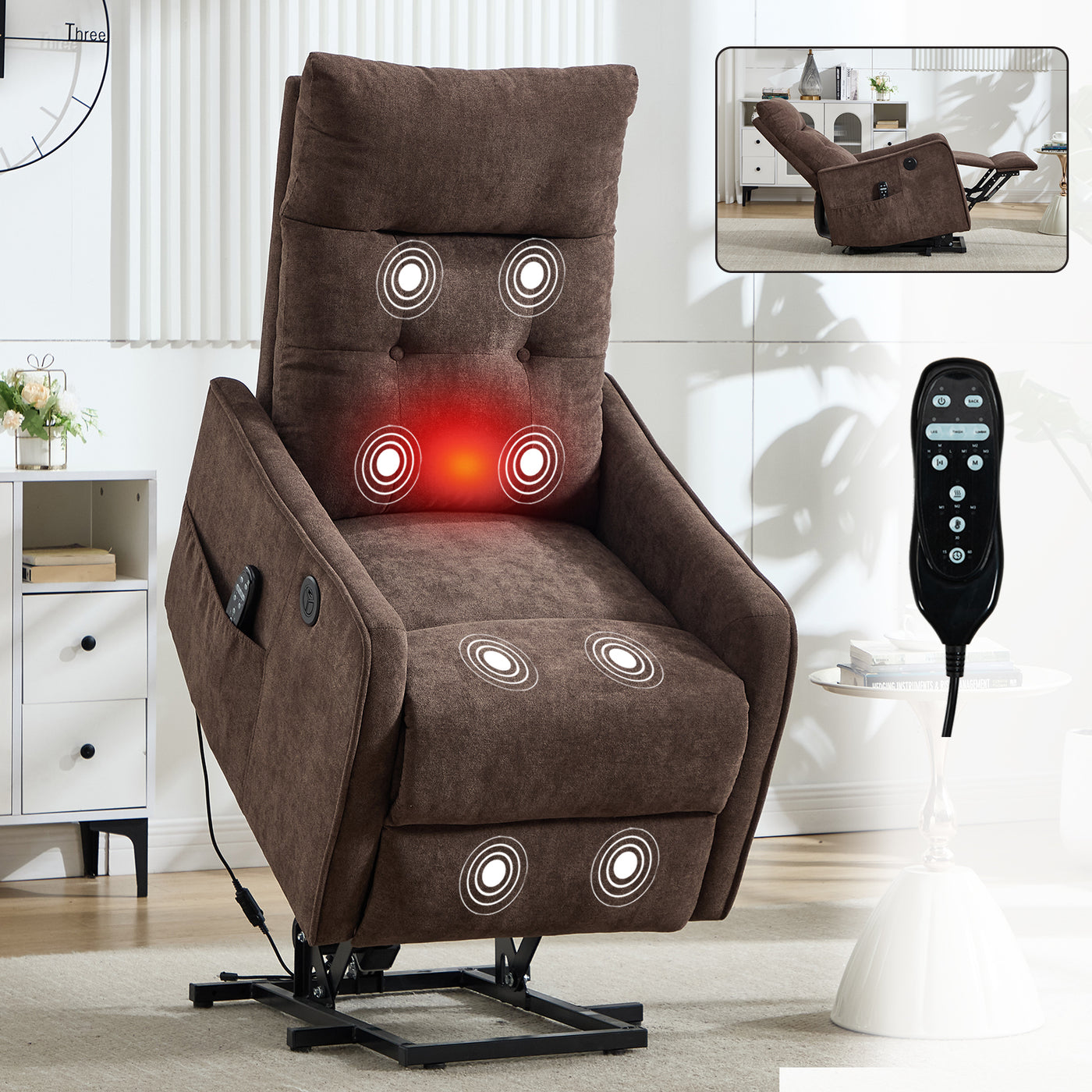 Brown Chenille Power Lift Recliner Chair Massage Heat USB