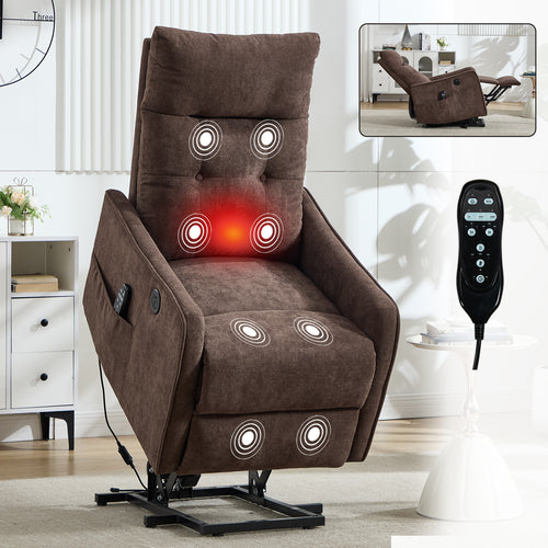 Brown Chenille Power Lift Recliner Chair Massage Heat USB