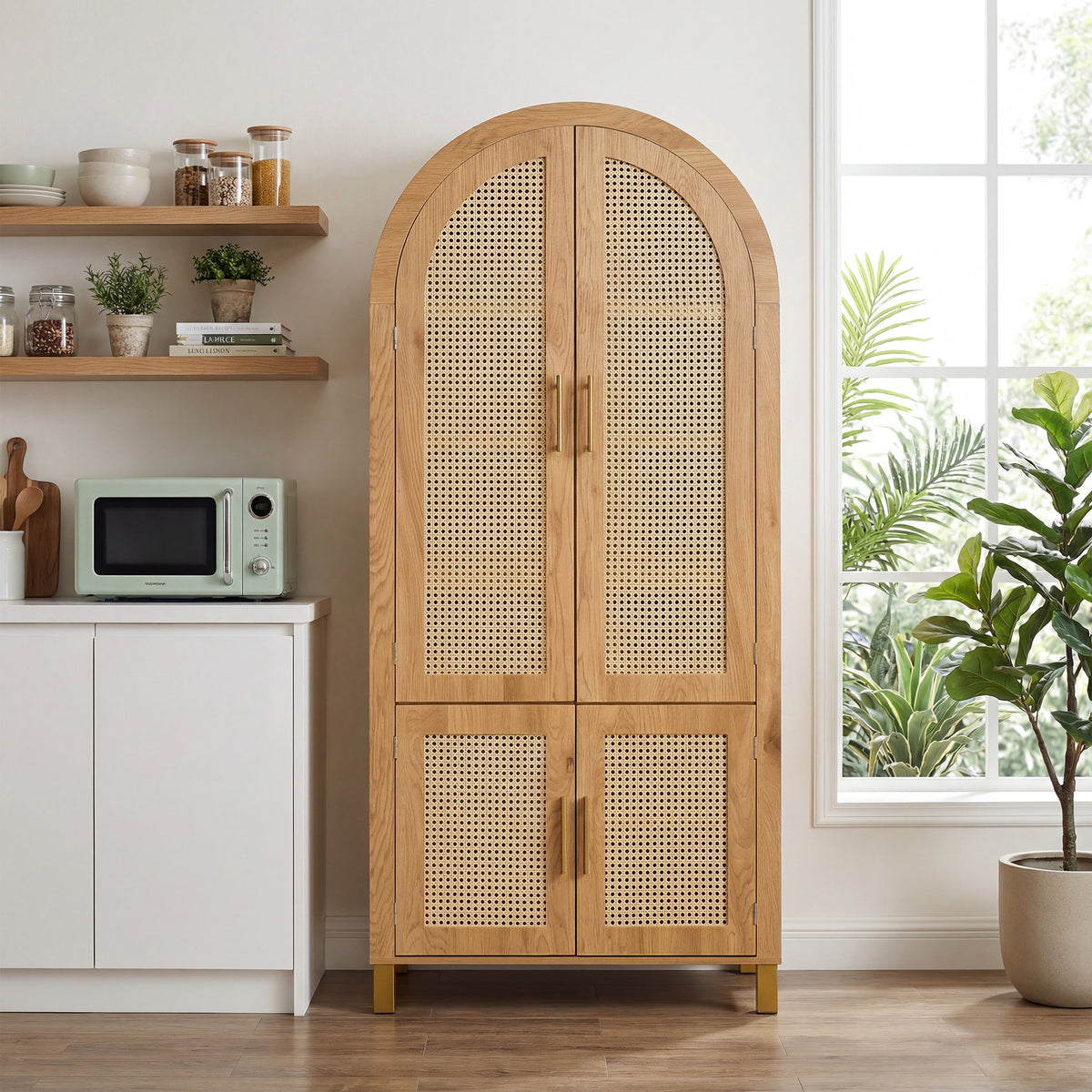 71" Tall Arched Cabinet with Rattan Doors & Adjustable Shelves