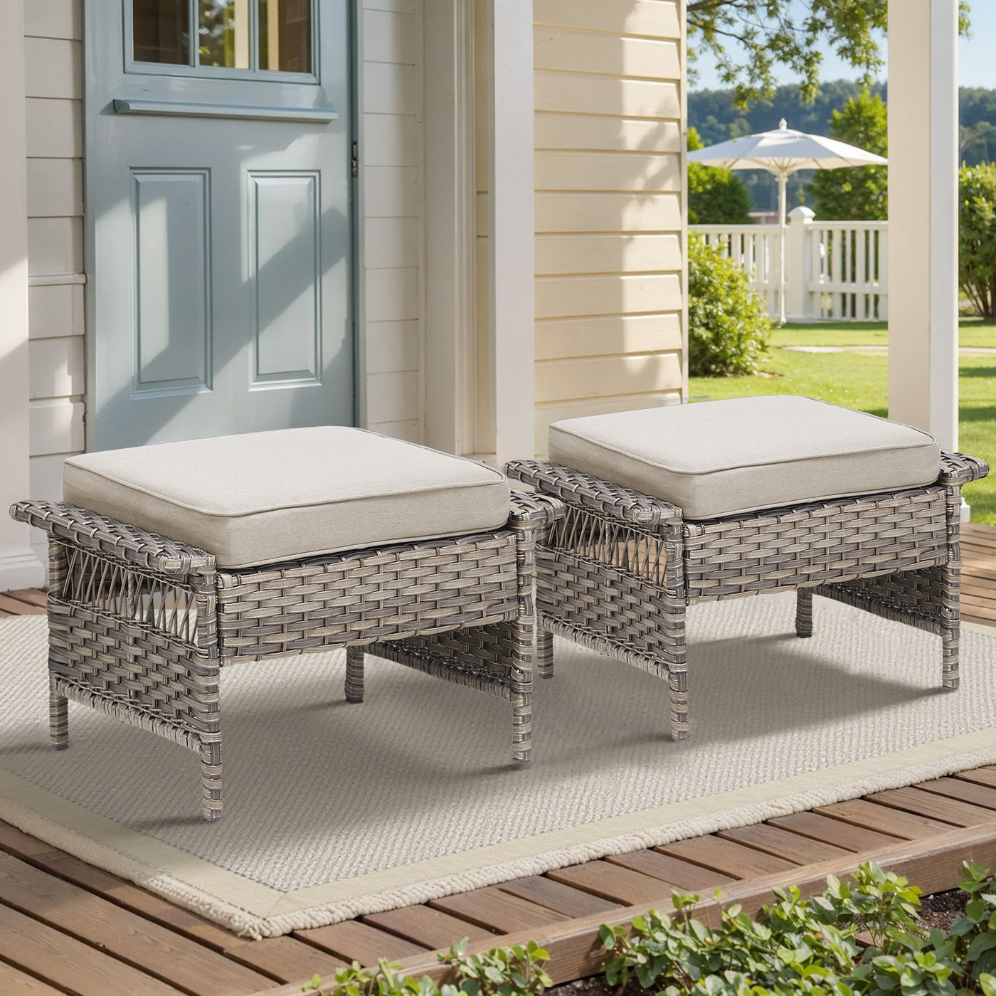 Outdoor PE Wicker Ottoman Set of 2 with Beige Cushions