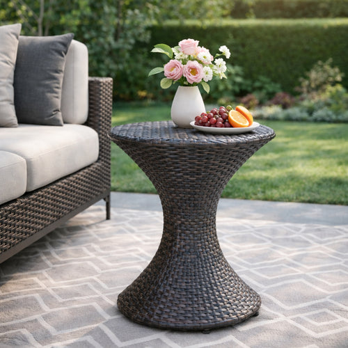 Outdoor 16" Multi-Brown Wicker Hourglass Side Table