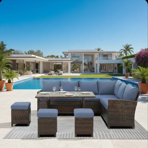 Outdoor Dining Set PE Rattan Brown Blue 7 Piece Seats 8