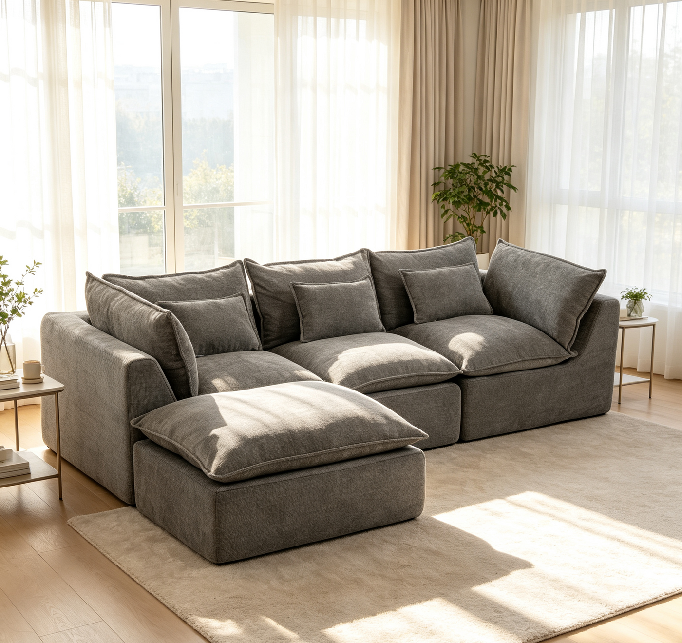 Oversized Modular Sectional Sofa with Ottoman Waffle Fabric 102