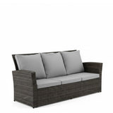 Outdoor Sofa PE Rattan 3 Seat Gray Cushions Black Iron Frame 68in