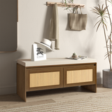 PP Rattan Storage Bench with Cushion, Faux Rattan Shoe Cabinet with 2 Doors