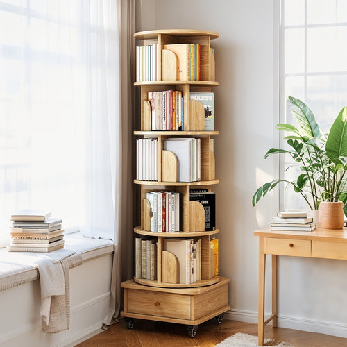 6 Tier Rotating Bookshelf Tower with Wheels and Drawer