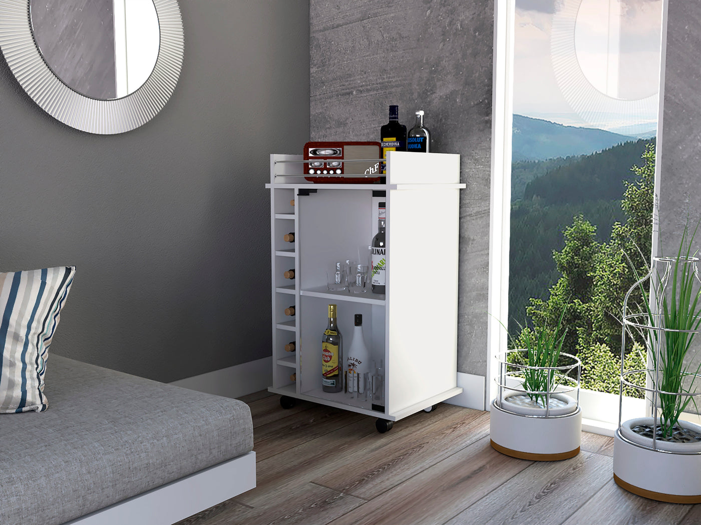 White Bar Cart Two Shelves Wine Rack Four Casters