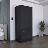 Black Armoire with Double Doors, 2 Drawers, Hanging Rod