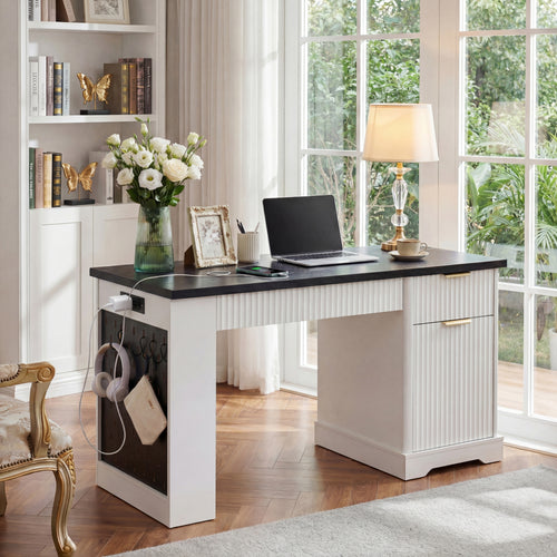 55' Modern Fluted Office Desk with Storage Cabinet and Drawers, Computer Writ...