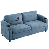 Navy Blue Corduroy Sleeper Sofa with USB Ports and Cup Holders