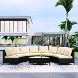 Outdoor Patio Set Half Moon PE Rattan Steel Beige 5 Piece Tempered Glass