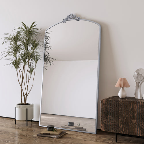 36x66" Vintage Ornate Arched Floor Mirror Metal Frame Silver