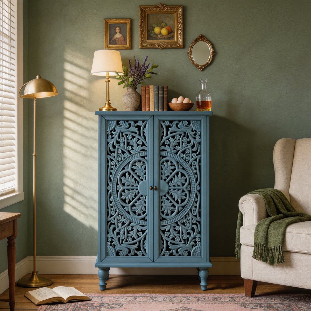 Farmhouse Accent Storage Cabinet, 2 Door Decorative Cabinet with Hollow Carved D