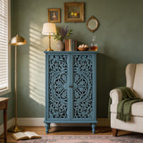 Farmhouse Accent Storage Cabinet, 2 Door Decorative Cabinet with Hollow Carved D
