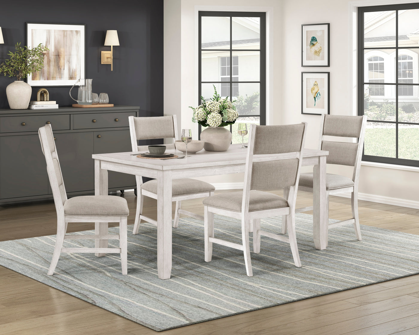 Modern Farmhouse 5pc Dining Set Table 4 Chairs Antique White