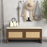 PP Rattan Storage Bench with Cushion, Faux Rattan Shoe Cabinet with 2 Doors