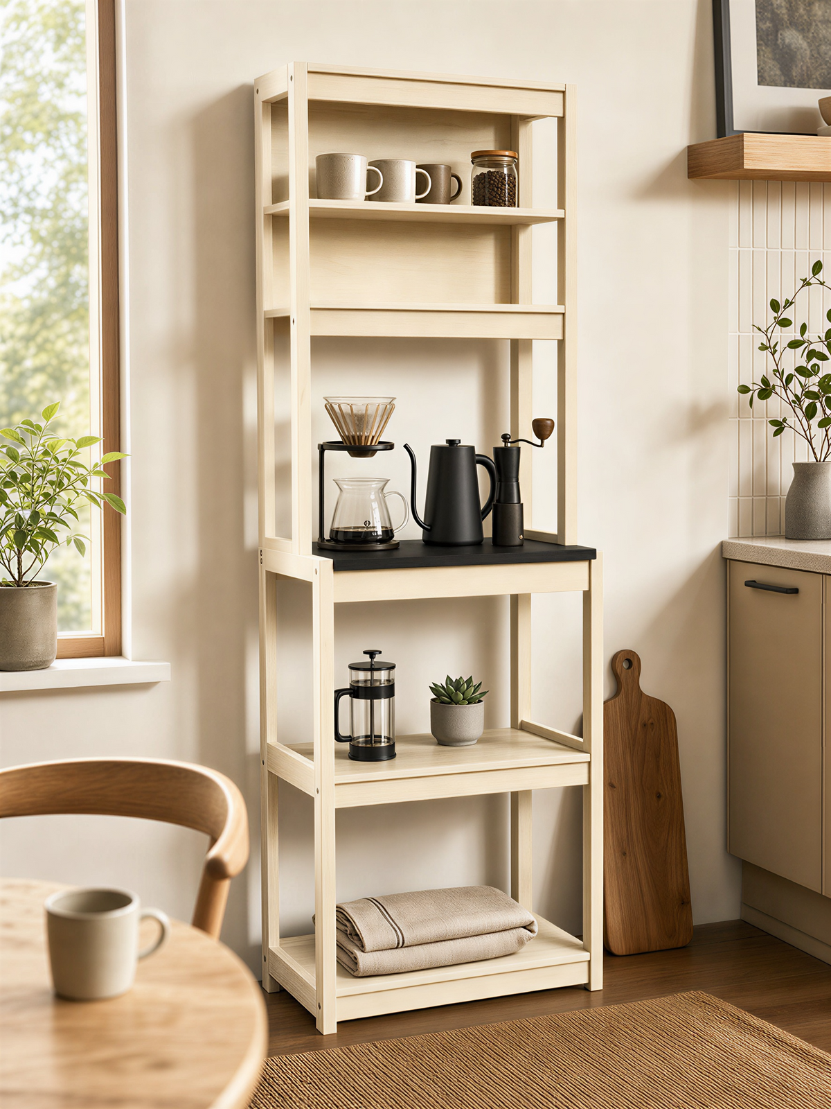 23.62" White and Black color Bakers Rack for Kitchen with Storage, Coffee Bar