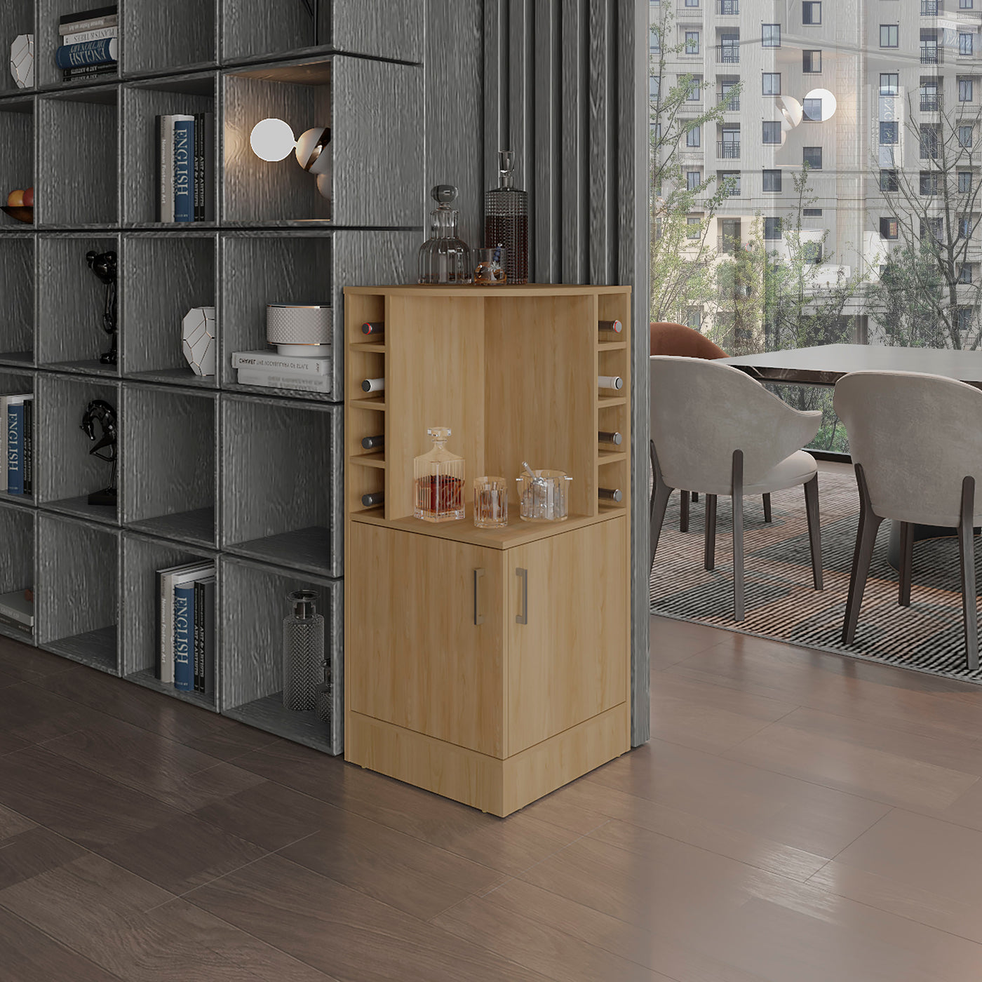 42" Tall Corner Bar Cabinet with Wine Bottle Cubbies Light Oak