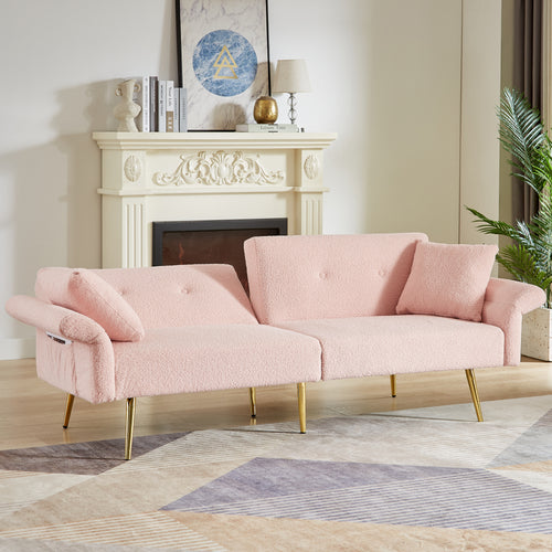 Loveseat Futon Teddy Fabric Pink Convertible 4-Angle Adjustable 600 LB