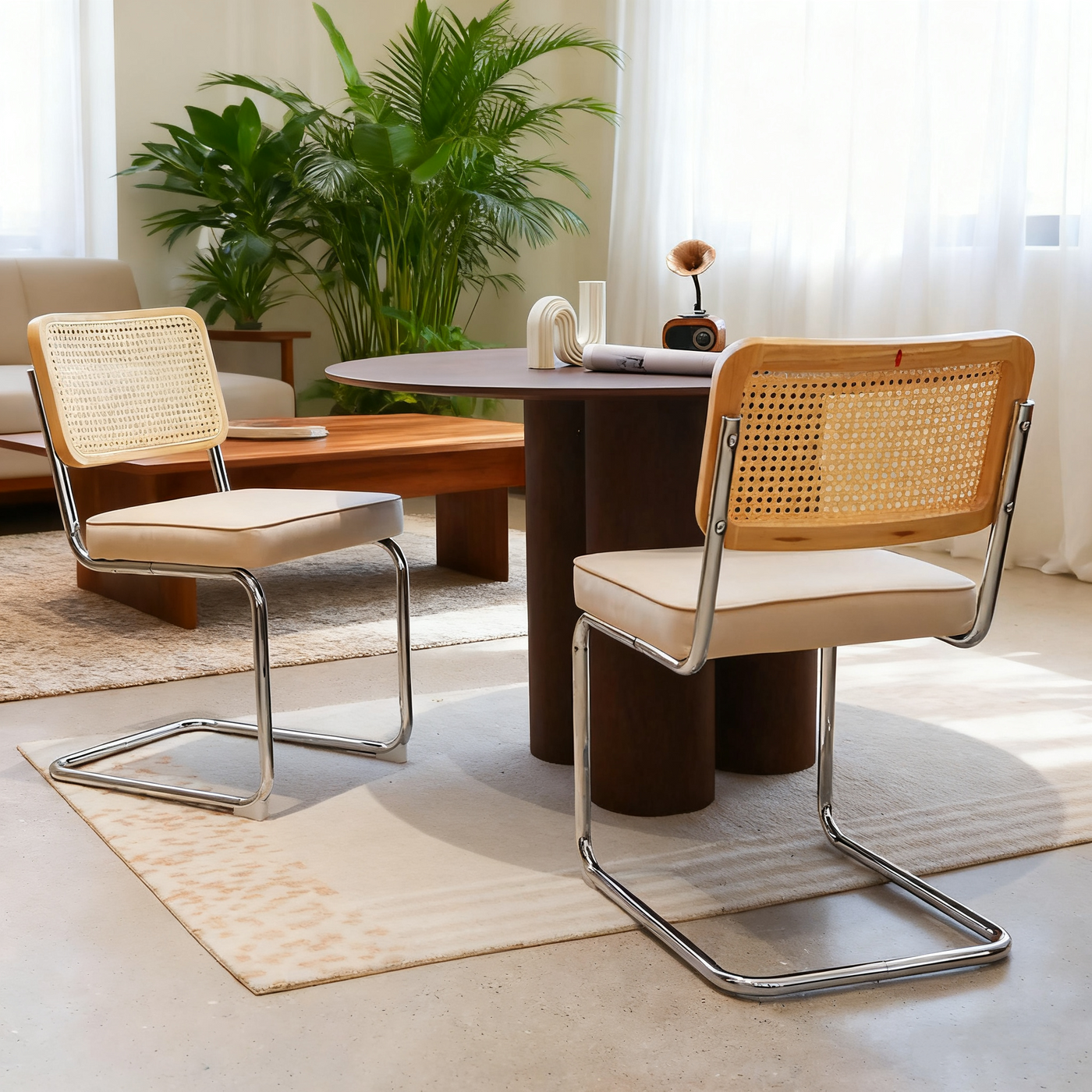 Velvet Rattan Dining Chairs Set of 2, Chrome Legs, Mid Century
