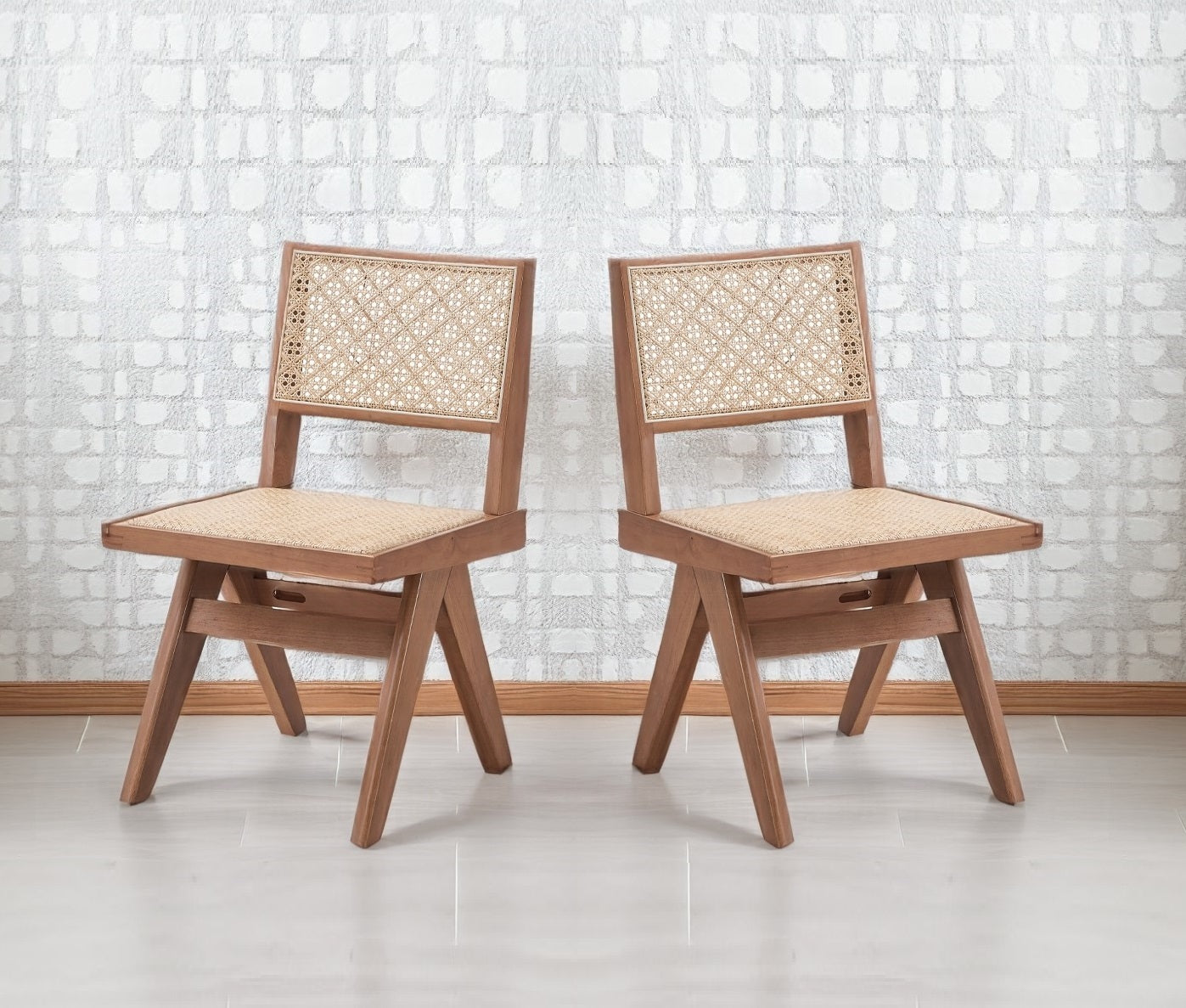 Rattan Dining Chairs Set of 2 Mid-Century Modern Natural
