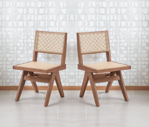 Rattan Dining Chairs Set of 2 Mid-Century Modern Natural