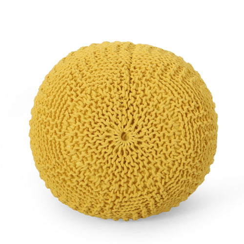 Bordeaux Knitted Cotton Round Pouf Ottoman Floor Cushion Yellow
