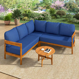 Outdoor Sofa Set Acacia Wood Arc Frame Blue Cushions L-Shape 6 Piece