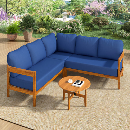 Outdoor Sofa Set Acacia Wood Arc Frame Blue Cushions L-Shape 6 Piece