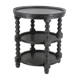 Round Three Tiered Side Table with Rattan Shelf Black 23.5" x 25